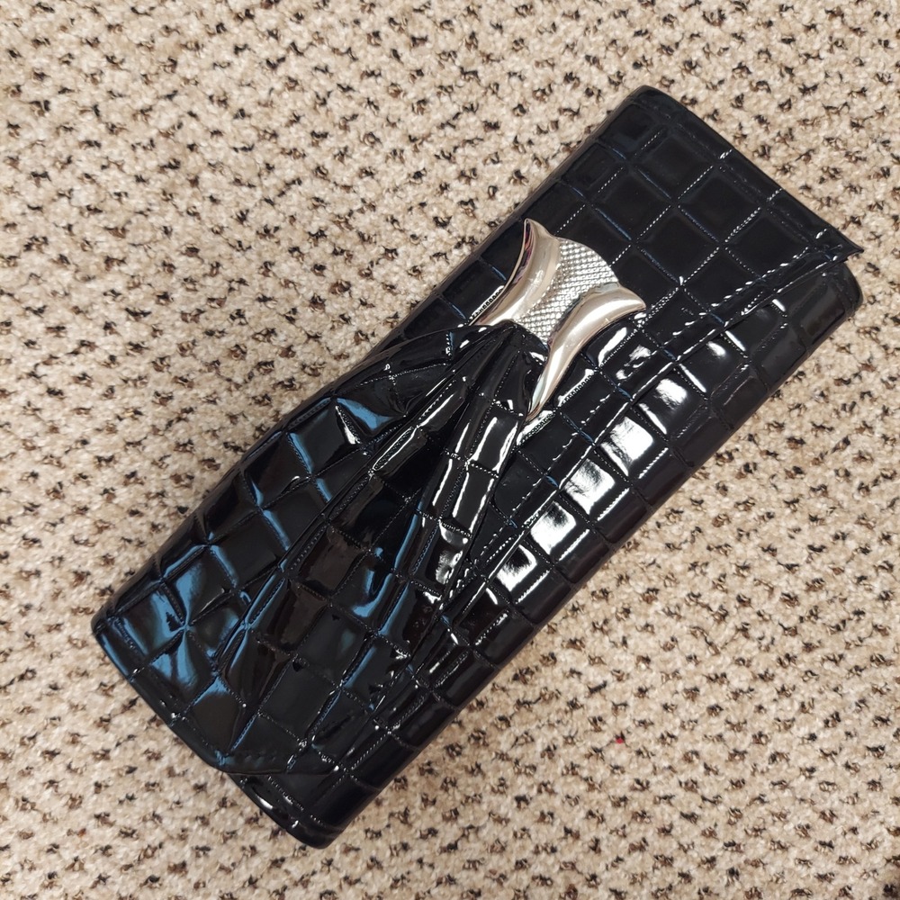 Black Patent Quilted Grid Clutch Bag Silver Hardware Evening Formal Handbag 80s